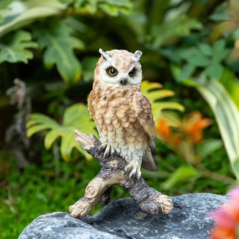 Realistic White Owl Garden Statue Perched on Branch by House Of Avana