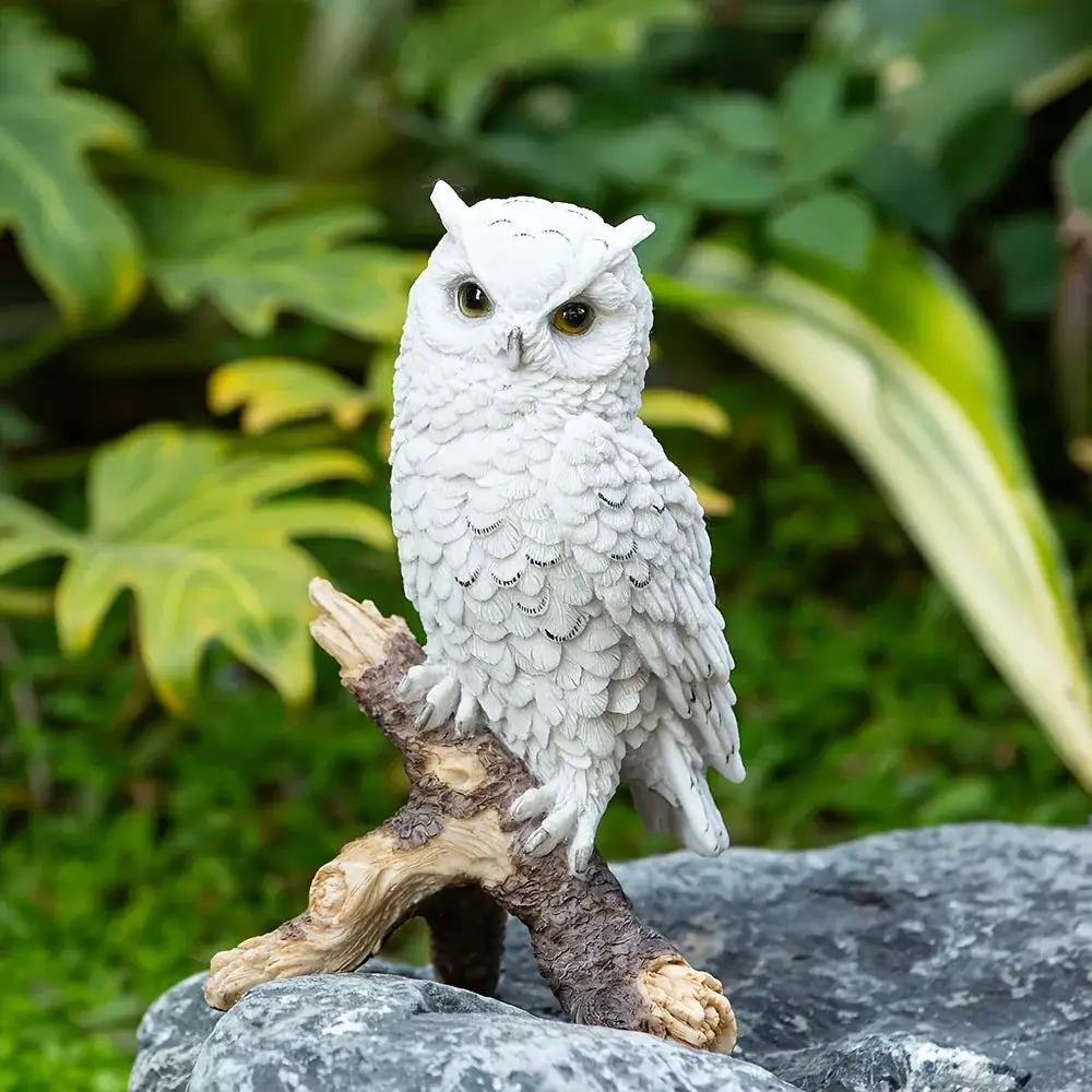Realistic White Owl Garden Statue Perched on Branch by House Of Avana