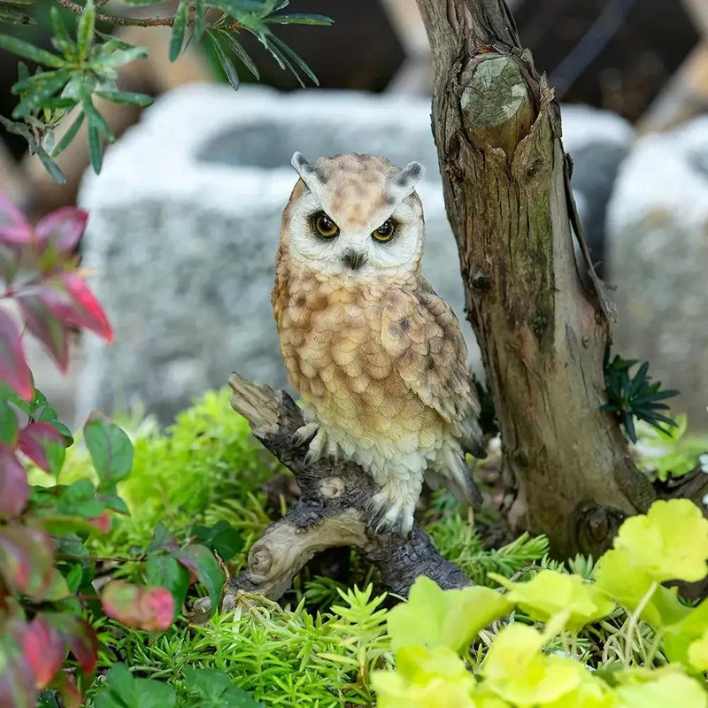 Realistic White Owl Garden Statue Perched on Branch by House Of Avana
