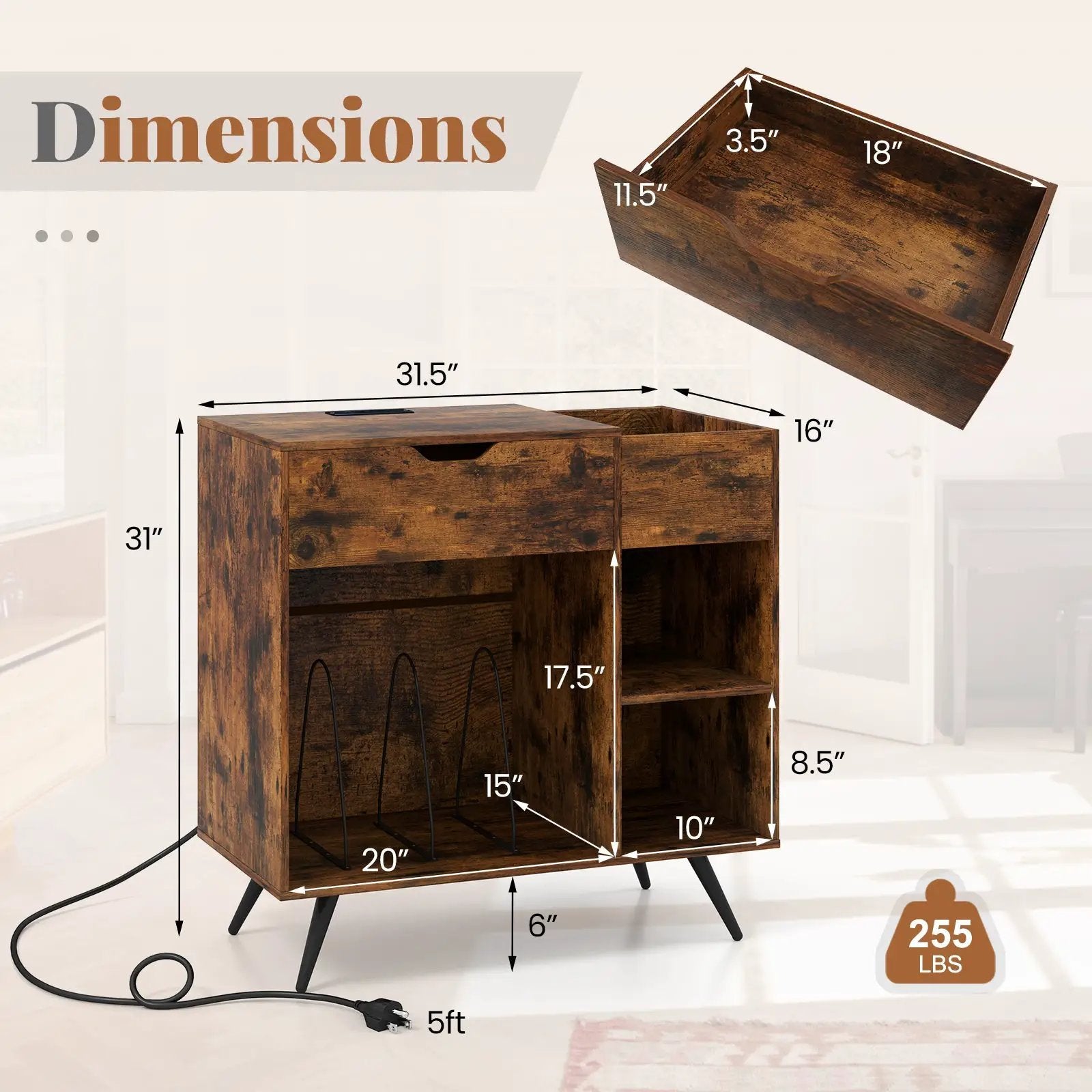Record Player Stand with Power Outlet-Rustic Brown by DirectDeals