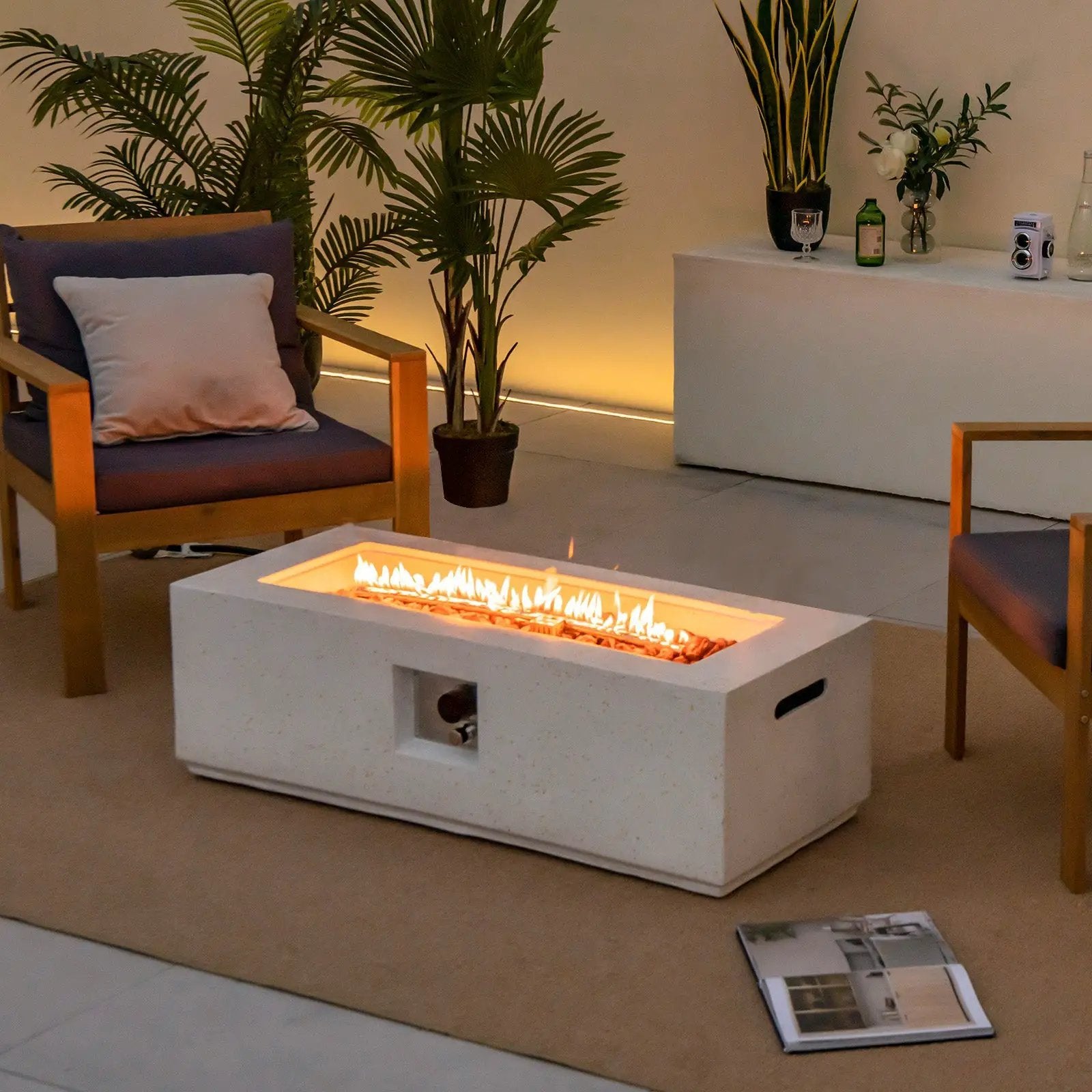 42 Inch 50 000 BTU Rectangle Terrazzo Fire Pit Table with PVC Cover-White by DirectDeals