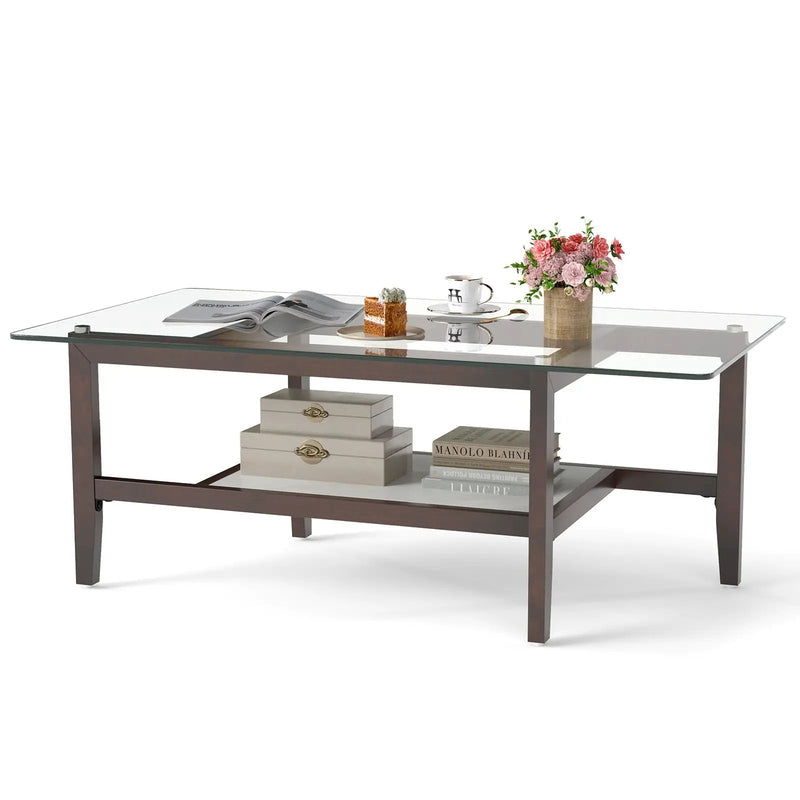 42 Inch Rectangular 2-Tier Glass Coffee Table with Storage Shelf-Brown by DirectDeals