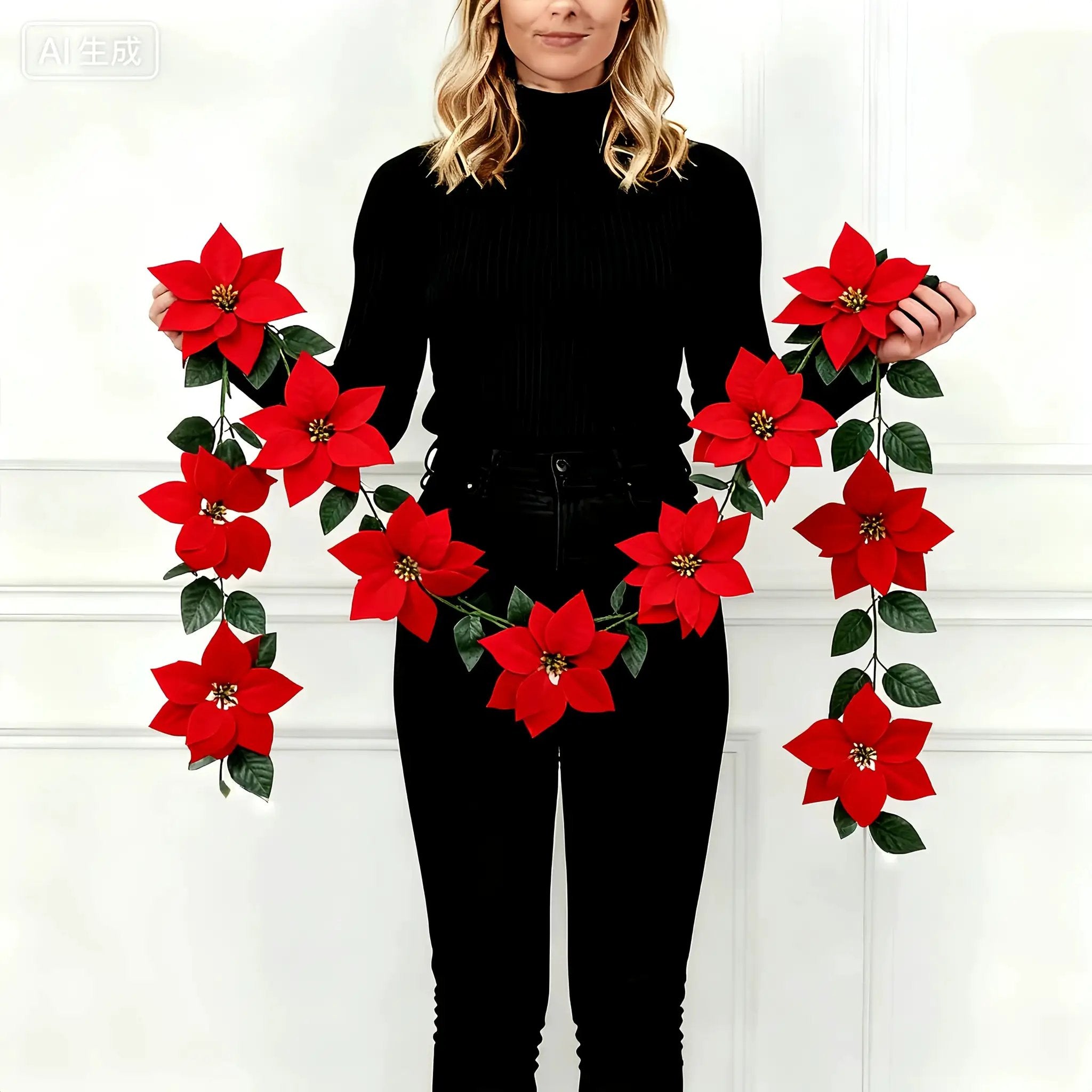 Red Artificial Poinsettia Wreath 2-Pack, Maintenance-Free by House Of Avana