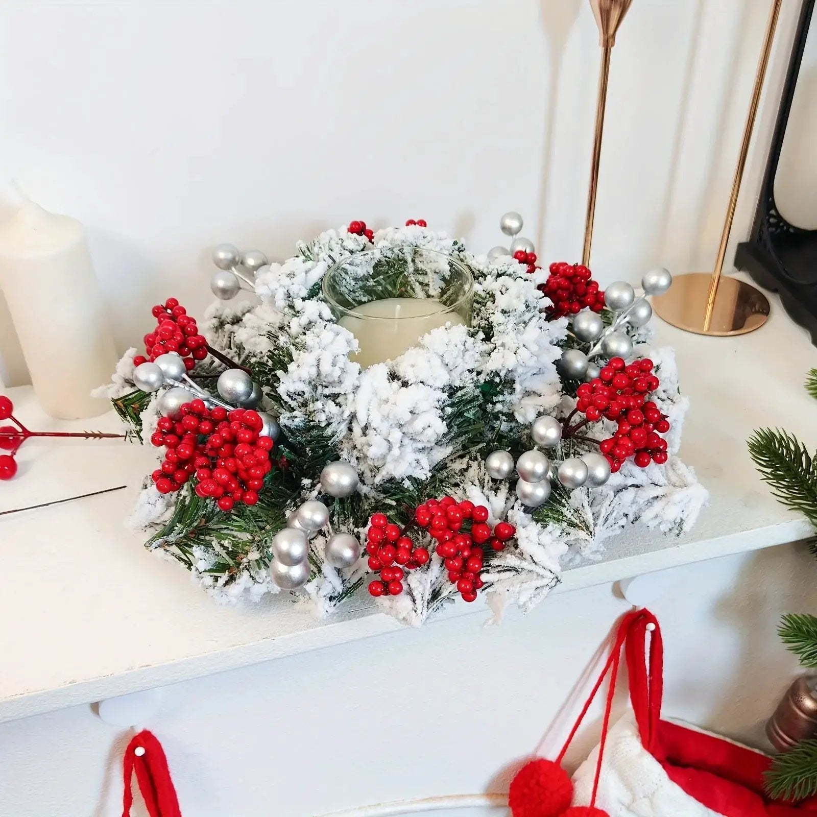 Red Berry Christmas Wreath with Snow Covered Decorations by House Of Avana
