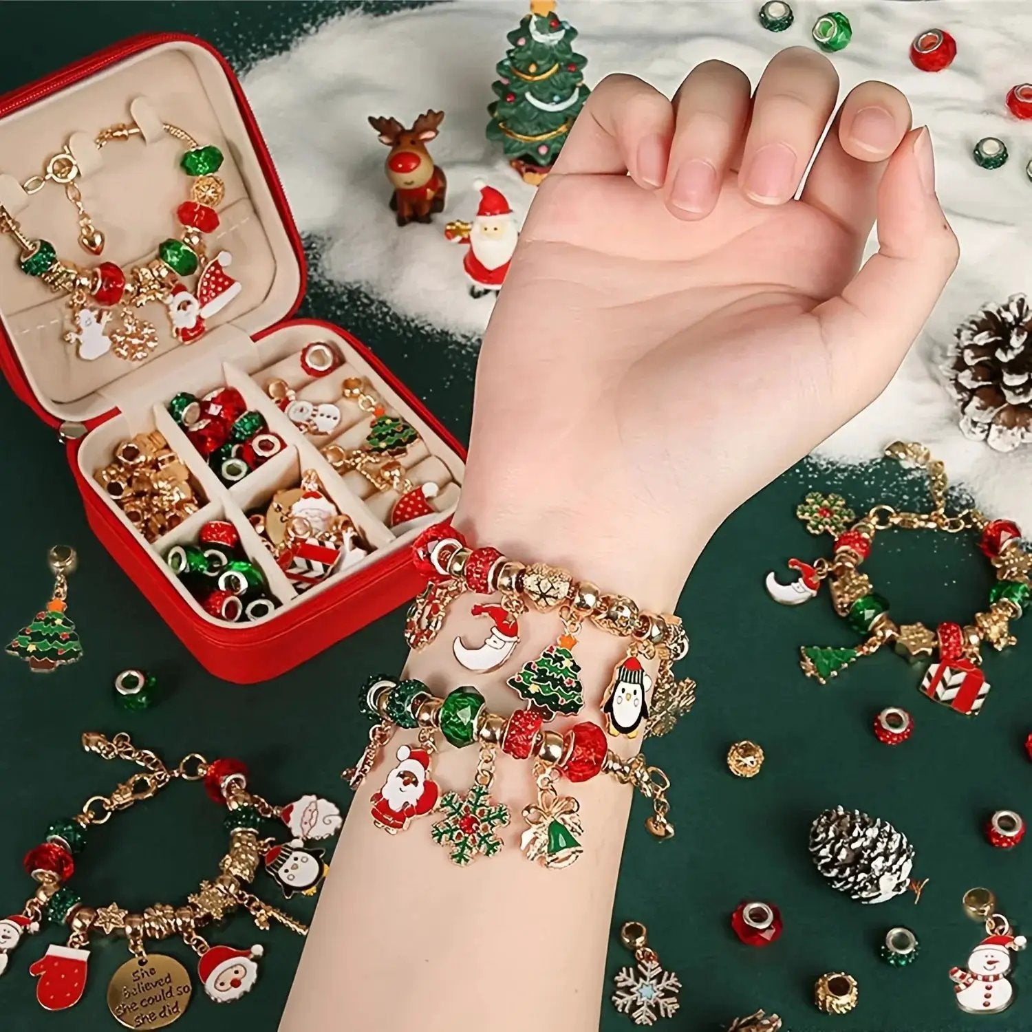 Red Green Bead Christmas Bracelet Making Kit with Charm Beads by House Of Avana