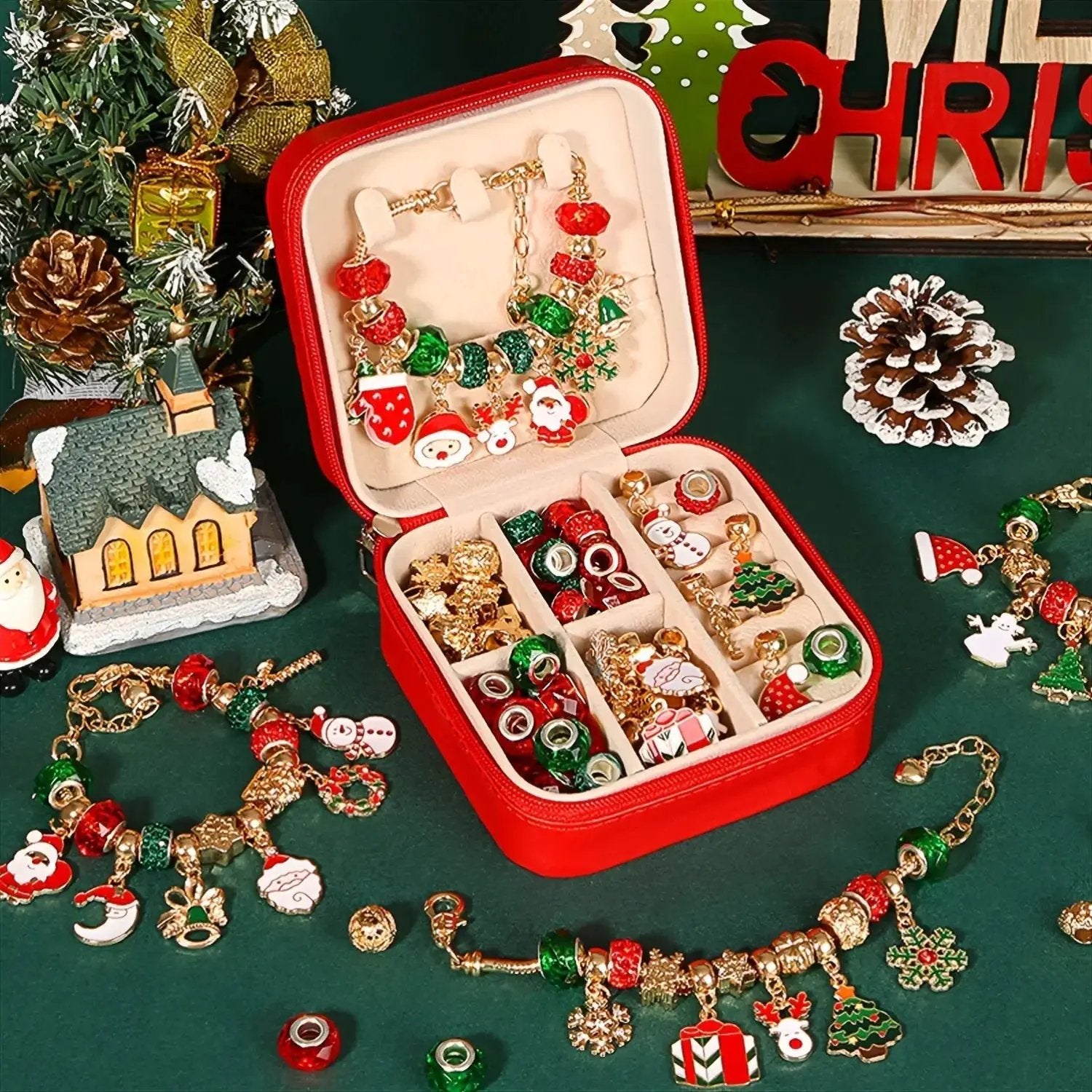Red Green Bead Christmas Bracelet Making Kit with Charm Beads by House Of Avana