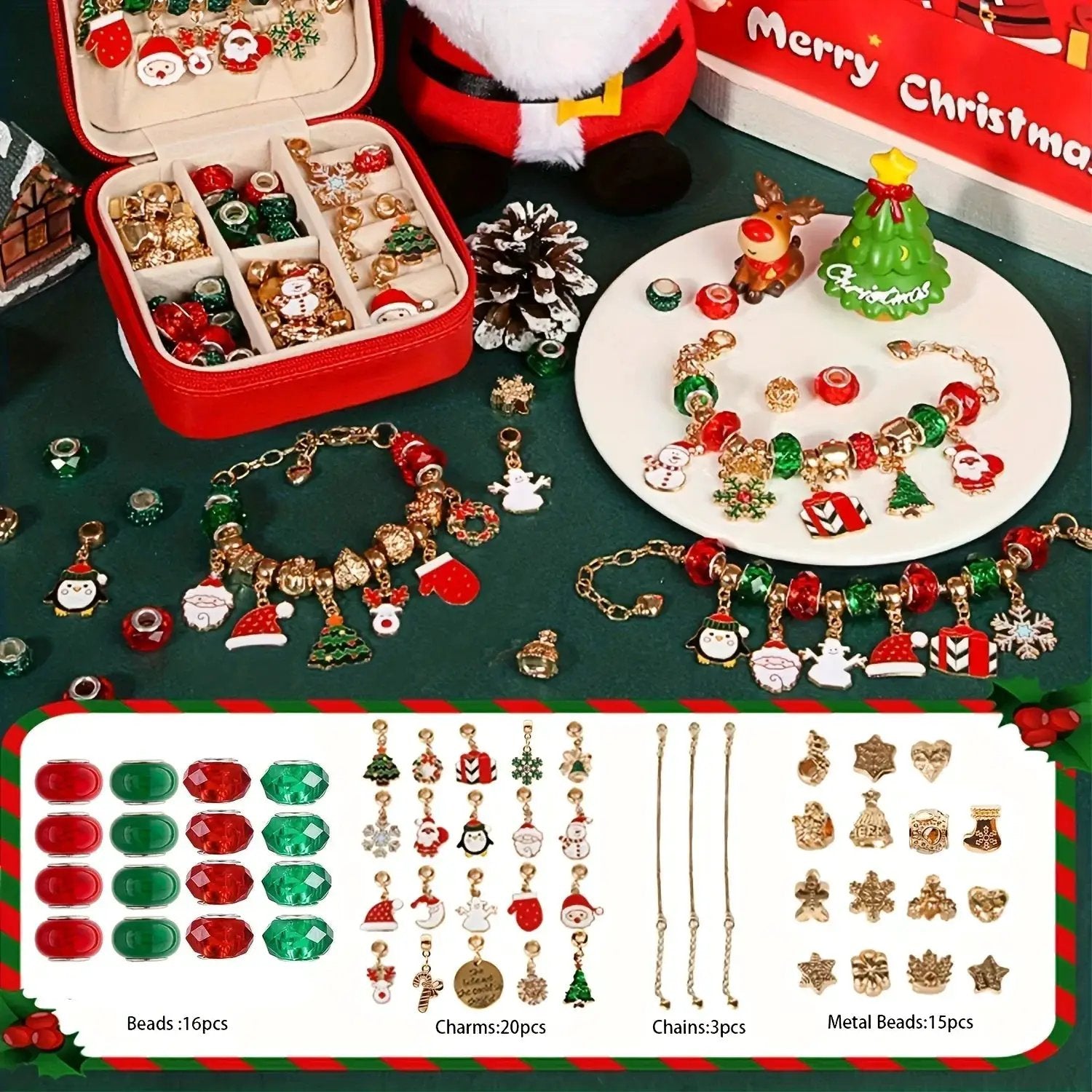 Red Green Bead Christmas Bracelet Making Kit with Charm Beads by House Of Avana