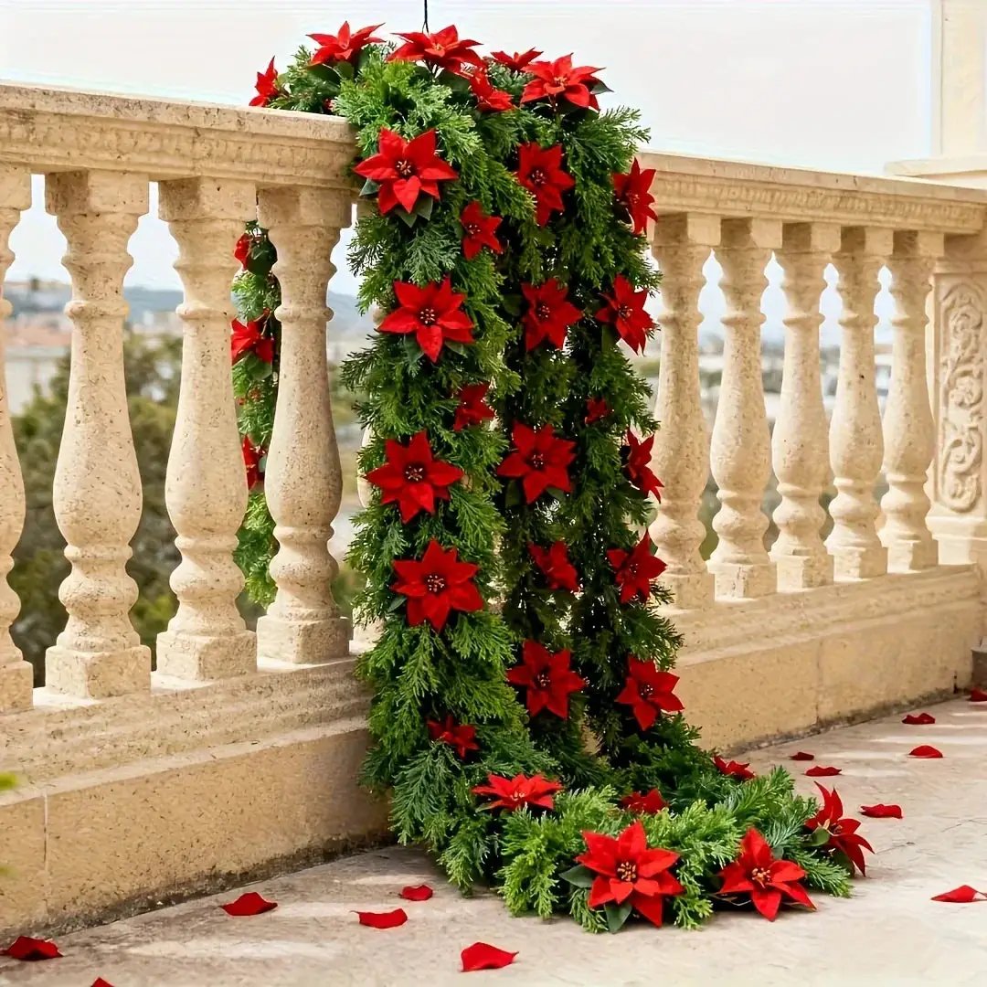 Red Poinsettia Artificial Pine Branches, Large Christmas Decor by House Of Avana