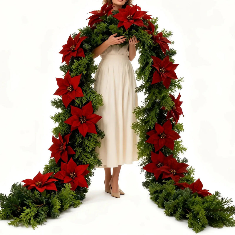 Red Poinsettia Artificial Pine Branches, Large Christmas Decor by House Of Avana