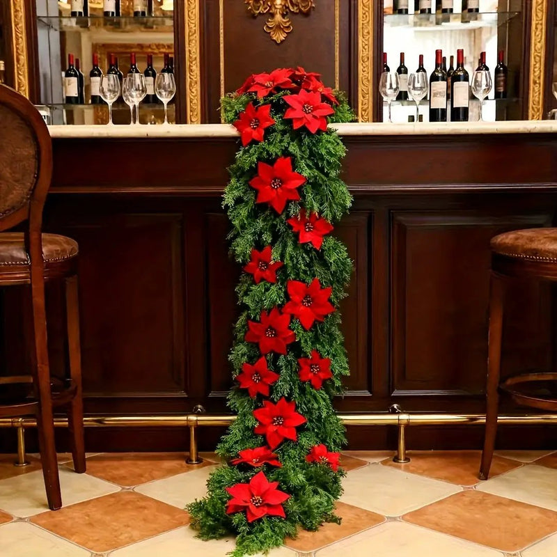 Red Poinsettia Artificial Pine Branches, Large Christmas Decor by House Of Avana
