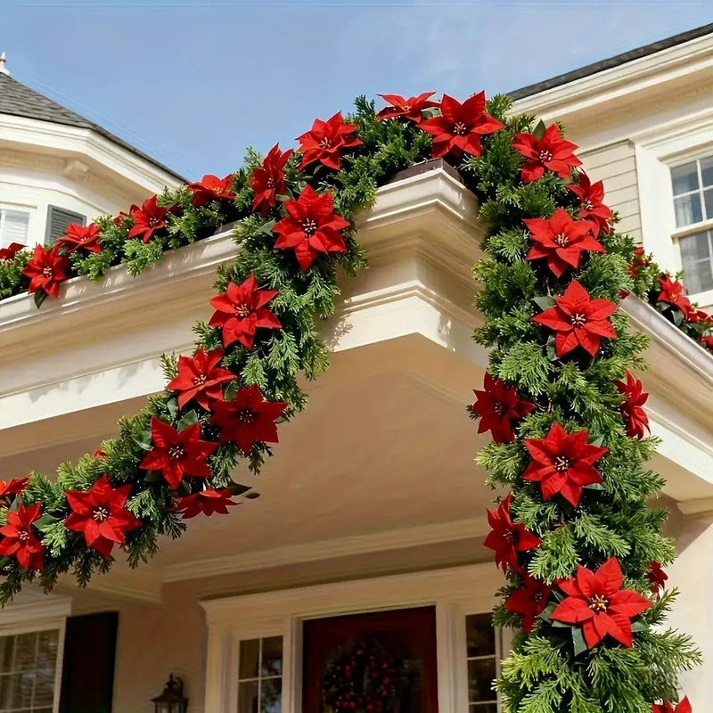 Red Poinsettia Artificial Pine Branches, Large Christmas Decor by House Of Avana