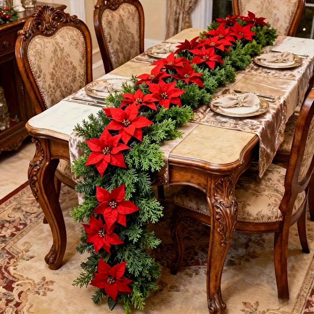 Red Poinsettia Artificial Pine Branches, Large Christmas Decor by House Of Avana