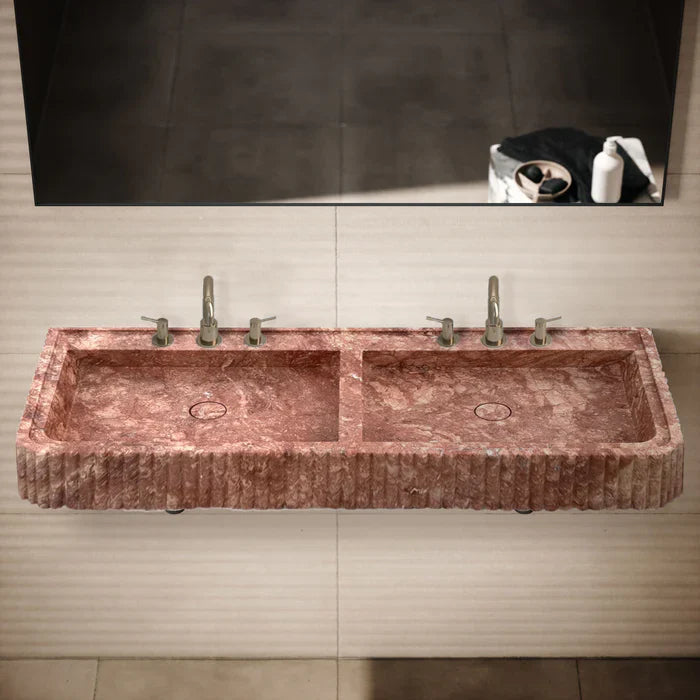 Red Travertine Double Bathroom Vanity Sink Fluted on Front and Edges (W)20" (L)48" (H)6" by GobekDesign