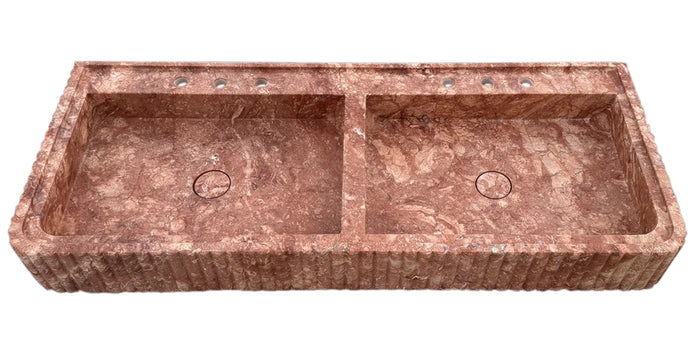 Red Travertine Double Bathroom Vanity Sink Fluted on Front and Edges (W)20" (L)48" (H)6" by GobekDesign