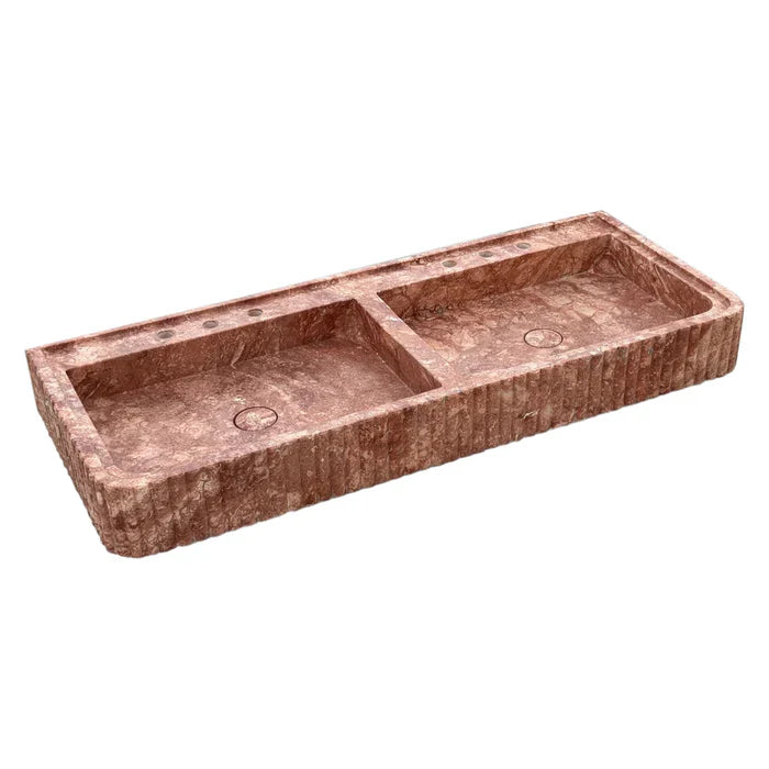 Red Travertine Double Bathroom Vanity Sink Fluted on Front and Edges (W)20" (L)48" (H)6" by GobekDesign