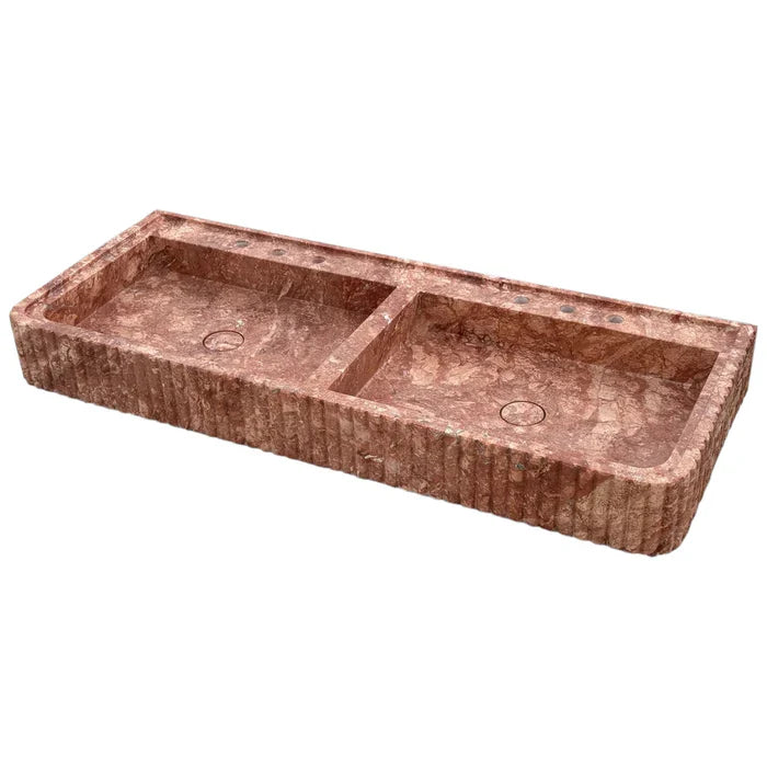 Red Travertine Double Bathroom Vanity Sink Fluted on Front and Edges (W)20" (L)48" (H)6" by GobekDesign