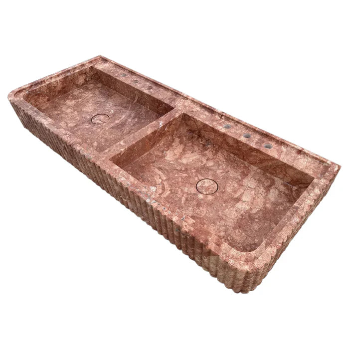 Red Travertine Double Bathroom Vanity Sink Fluted on Front and Edges (W)20" (L)48" (H)6" by GobekDesign