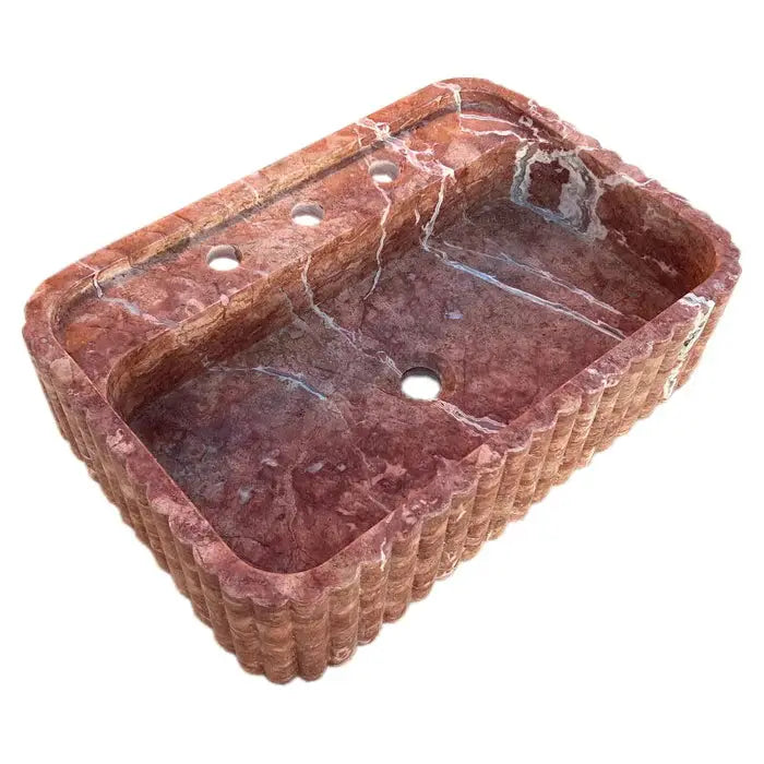 Red Travertine Wall Mount Bathroom Sink Ribbed Textured 24x16 by GobekDesign