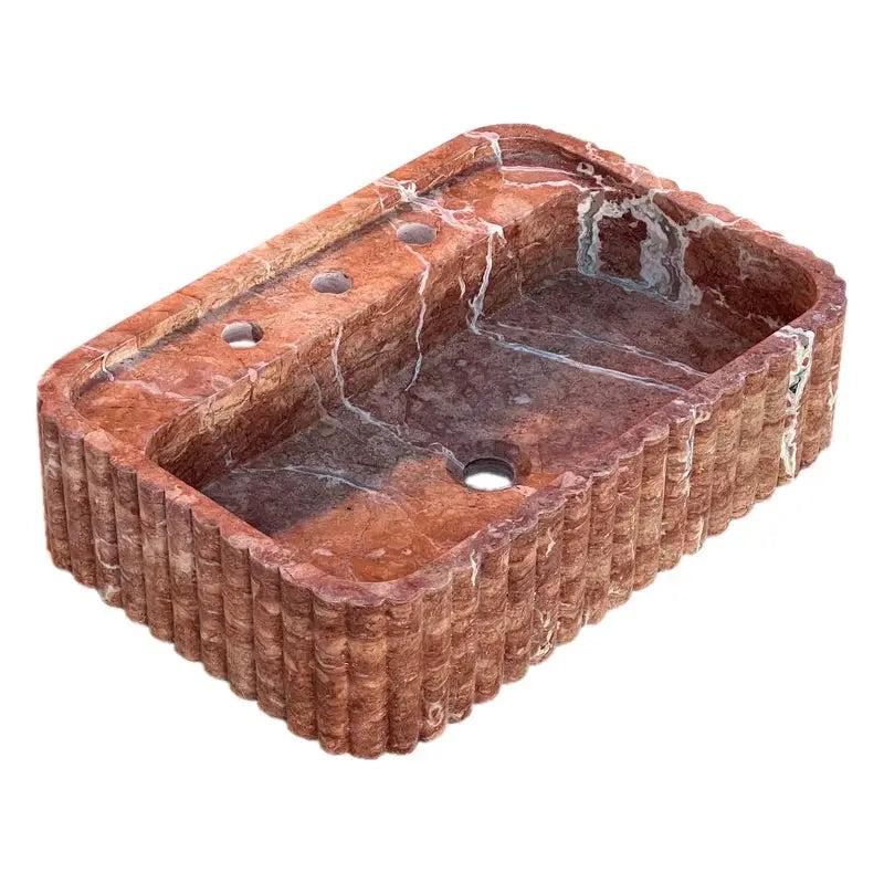 Red Travertine Wall Mount Bathroom Sink Ribbed Textured 24x16 by GobekDesign