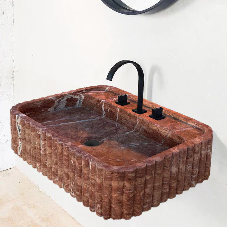 Red Travertine Wall-mount Bathroom Sink Ribbed Textured (W)16" (W)24" (H)6" by GobekDesign