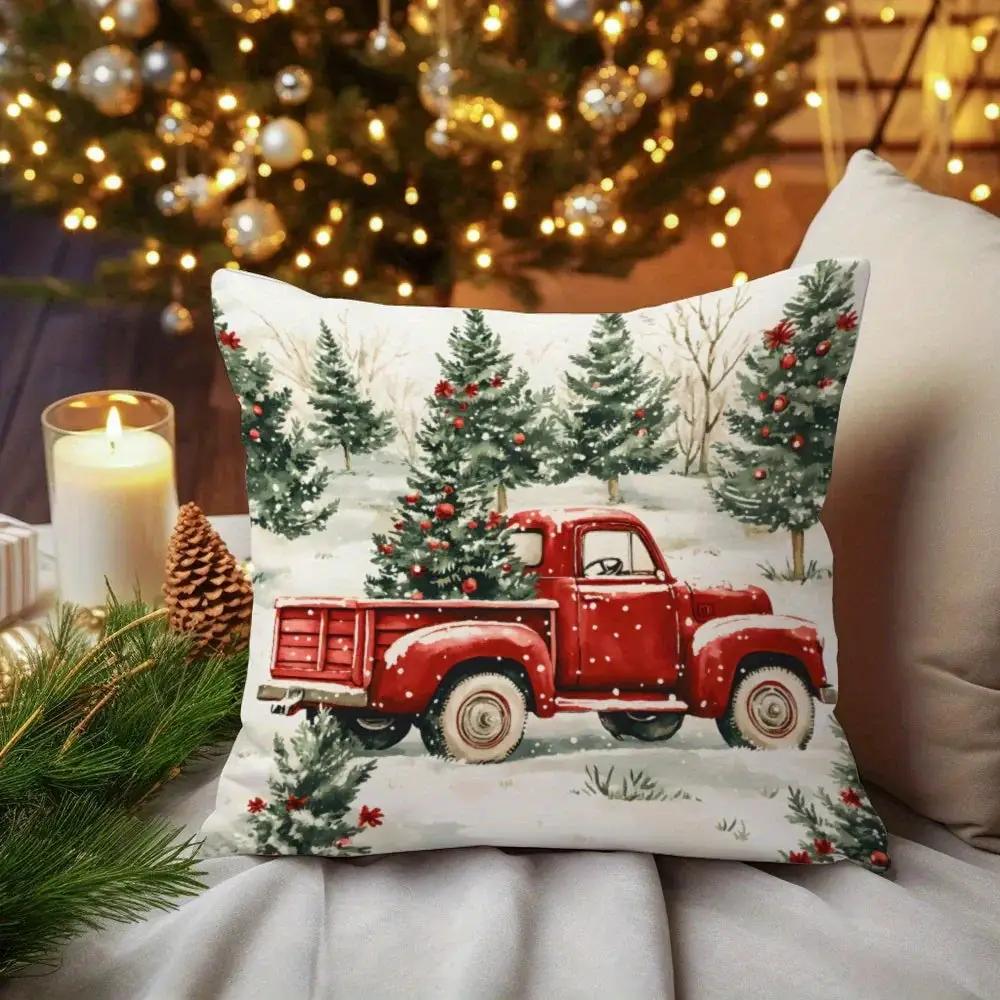 Red Velvet Throw Pillow with Hidden Zipper and Christmas Tree Pattern by House Of Avana