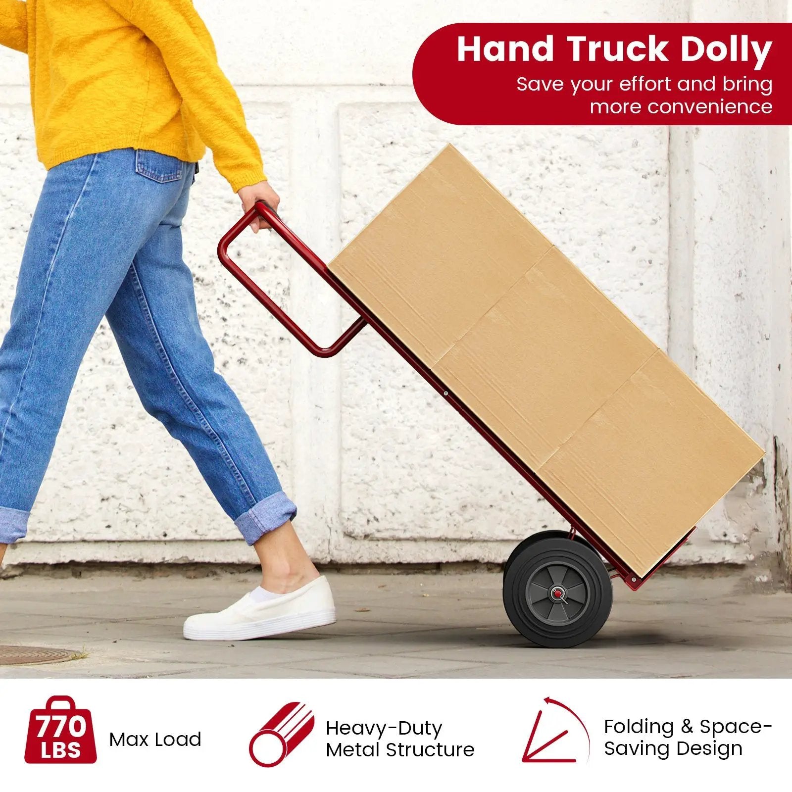 P-Handle Sack Truck with 10 Inch Wheels and Foldable Load Area-Red by DirectDeals