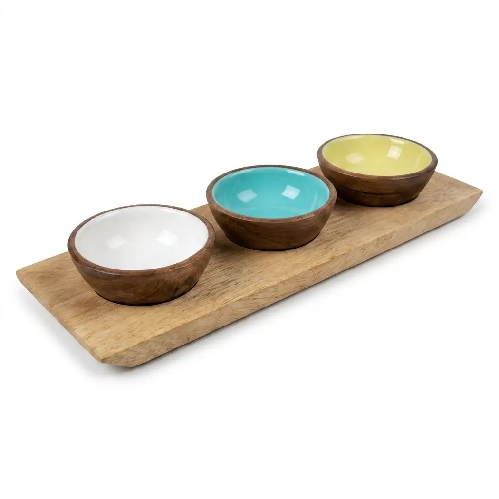 House of Avana Mango Wood Condiment Set with Enamel Bowls by House Of Avana