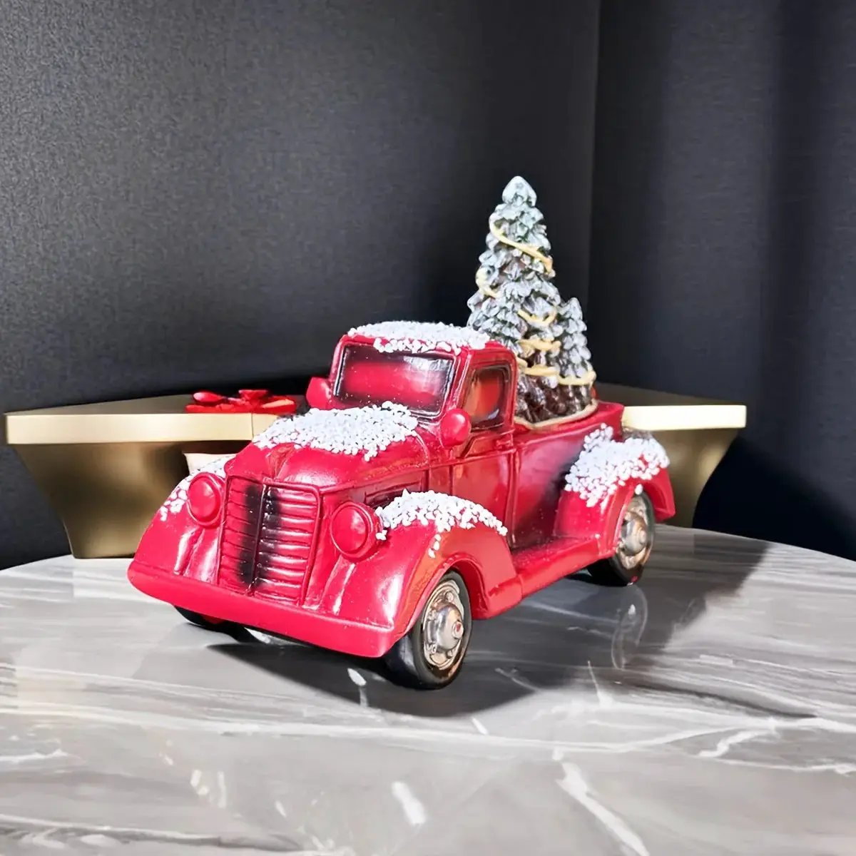 Resin Christmas Figurine Vintage Red Truck with Tree by House Of Avana