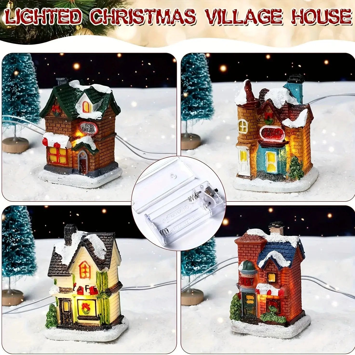 Resin Christmas Village Set with Lighted Snowy Houses by House Of Avana