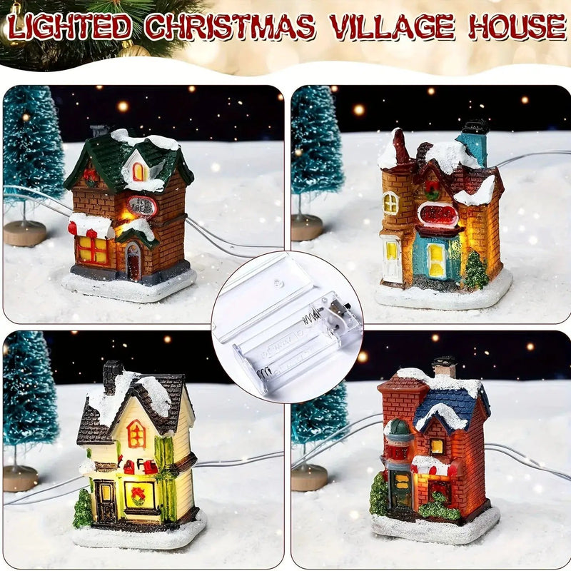 Resin Christmas Village Set with Lighted Snowy Houses by House Of Avana