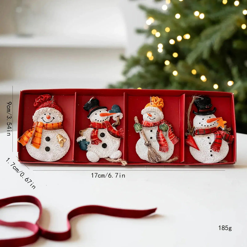 Resin Santa and Snowman Ornaments - 4pcs Red and Golden Christmas Tree Decorations by House Of Avana