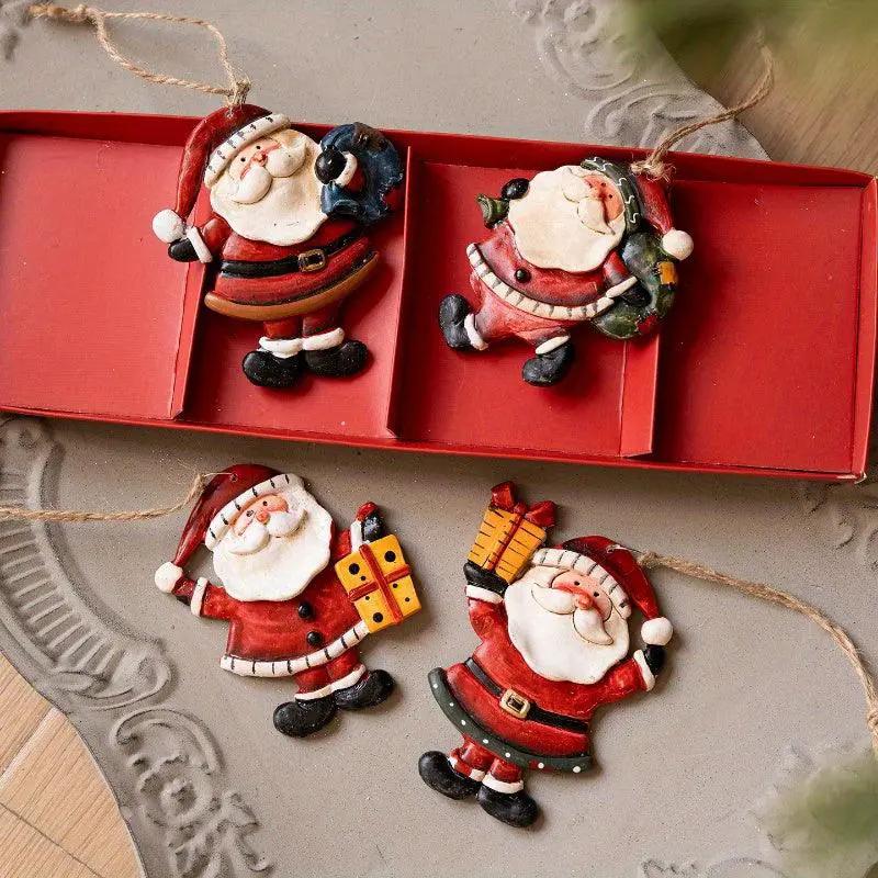 Resin Santa and Snowman Ornaments - 4pcs Red and Golden Christmas Tree Decorations by House Of Avana