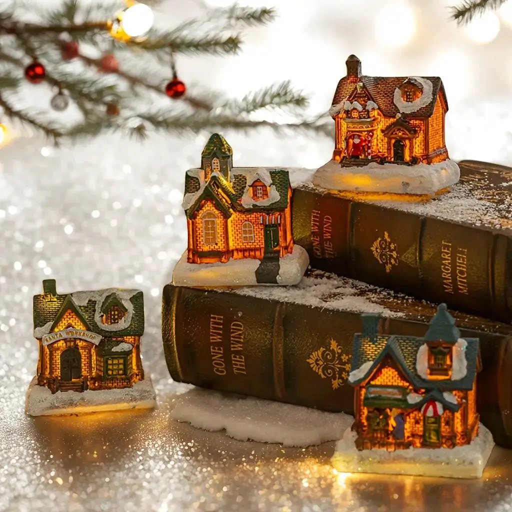 Resin Small House Micro Landscape Christmas Decoration with Luminous Effect by House Of Avana