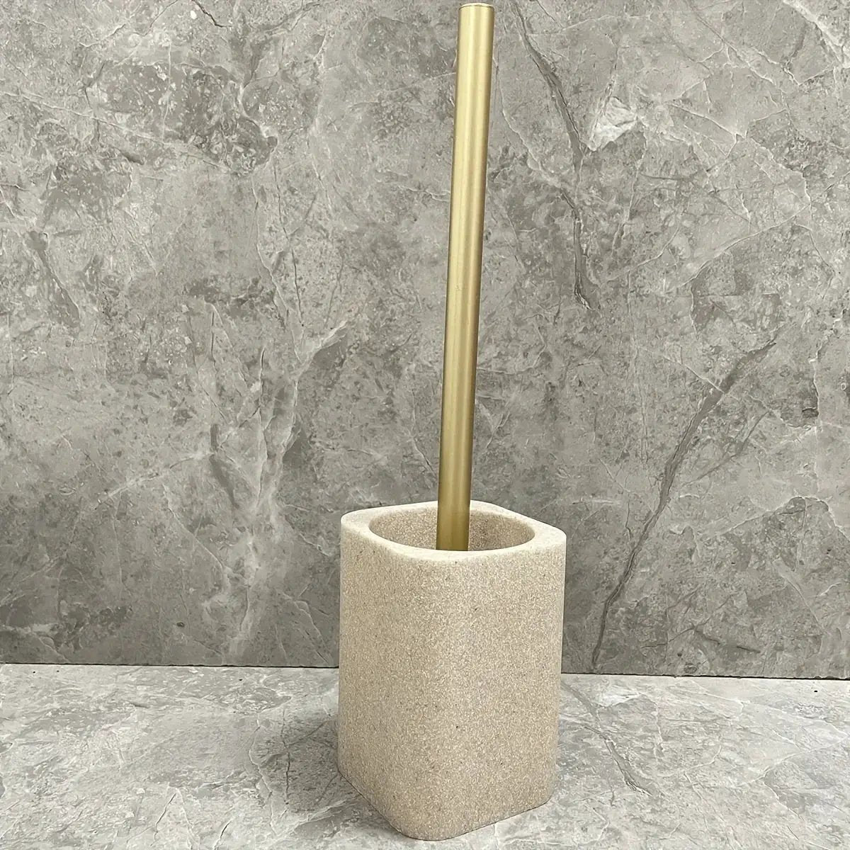 Resin White Marble Toilet Brush Holder with Handle, Reusable Floor Mount Bathroom Accessory, Hard Solid Project, No Electricity Needed - Ideal Christmas Gift by House Of Avana