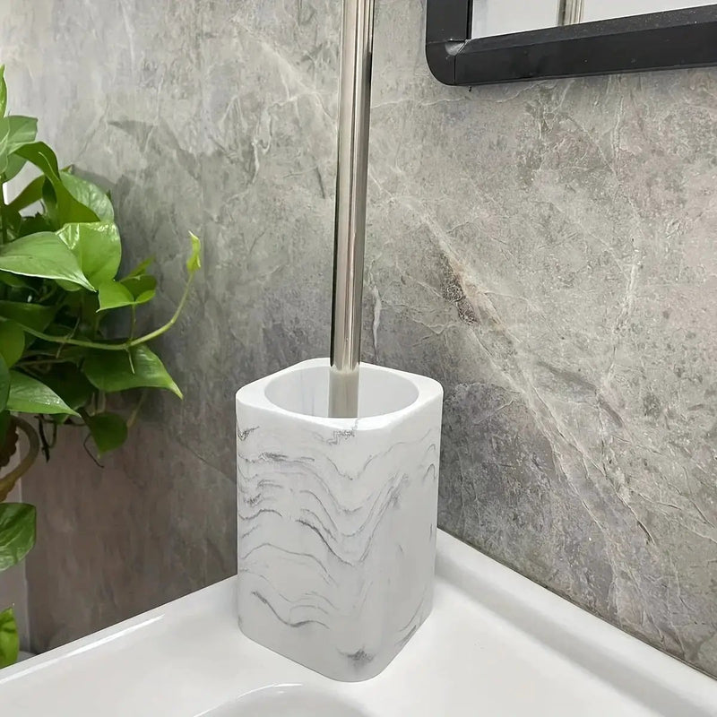 Resin White Marble Toilet Brush Holder with Handle, Reusable Floor Mount Bathroom Accessory, Hard Solid Project, No Electricity Needed - Ideal Christmas Gift by House Of Avana