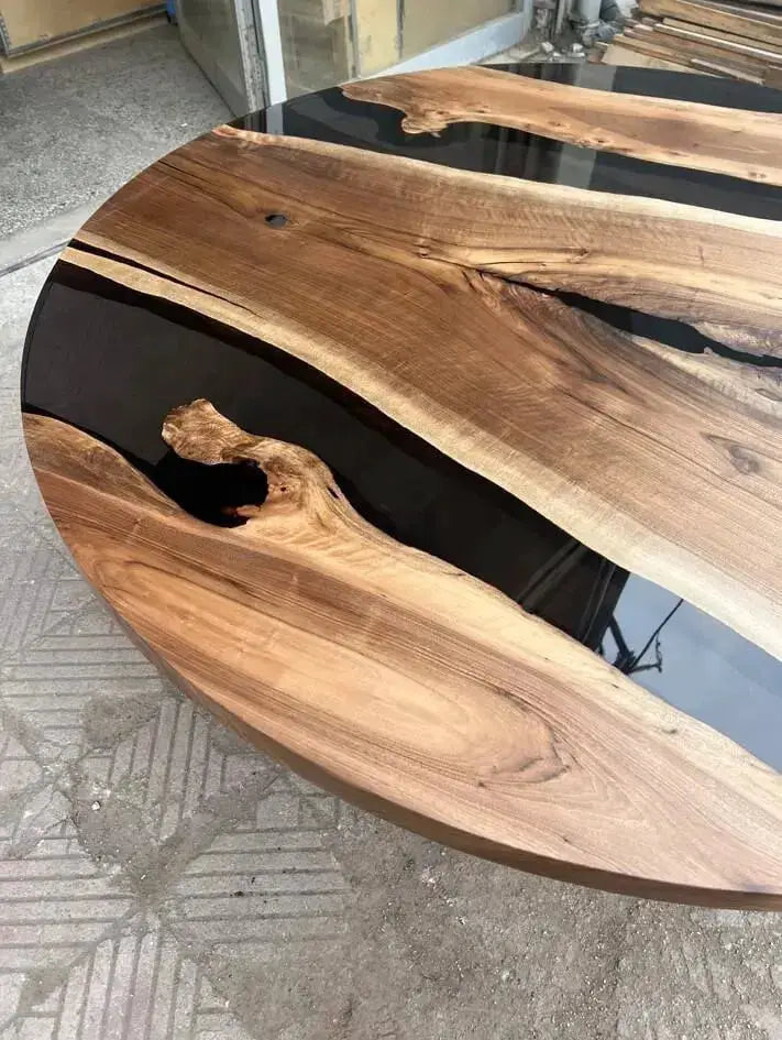 Round Epoxy Resin Table with Wooden Tulip Base Made of Walnut, photo 5 of 10