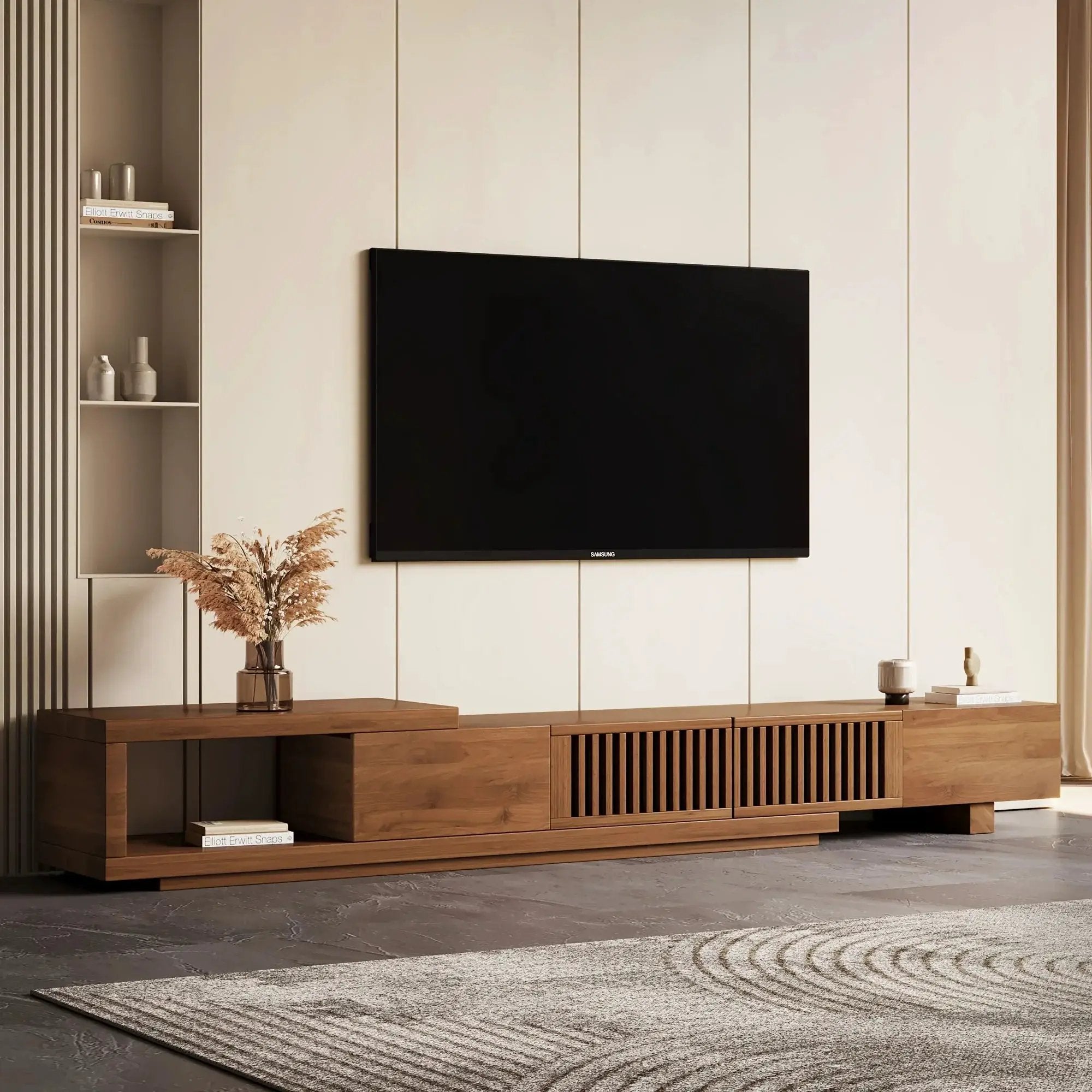 Retractable Grid TV Cabinet Walnut 198.12-261.62 cm Extension Modern Living Room Furniture with 2 Drawers 2 Storage, Home Entertainment Unit, Media Console, Stylish Cabinet, Sleek Furniture, Durable Hardwood, Sturdy Build, Sp by House Of Avana