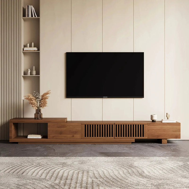 Retractable Grid TV Cabinet Walnut 198.12-261.62 cm Extension Modern Living Room Furniture with 2 Drawers 2 Storage, Home Entertainment Unit, Media Console, Stylish Cabinet, Sleek Furniture, Durable Hardwood, Sturdy Build, Sp by House Of Avana