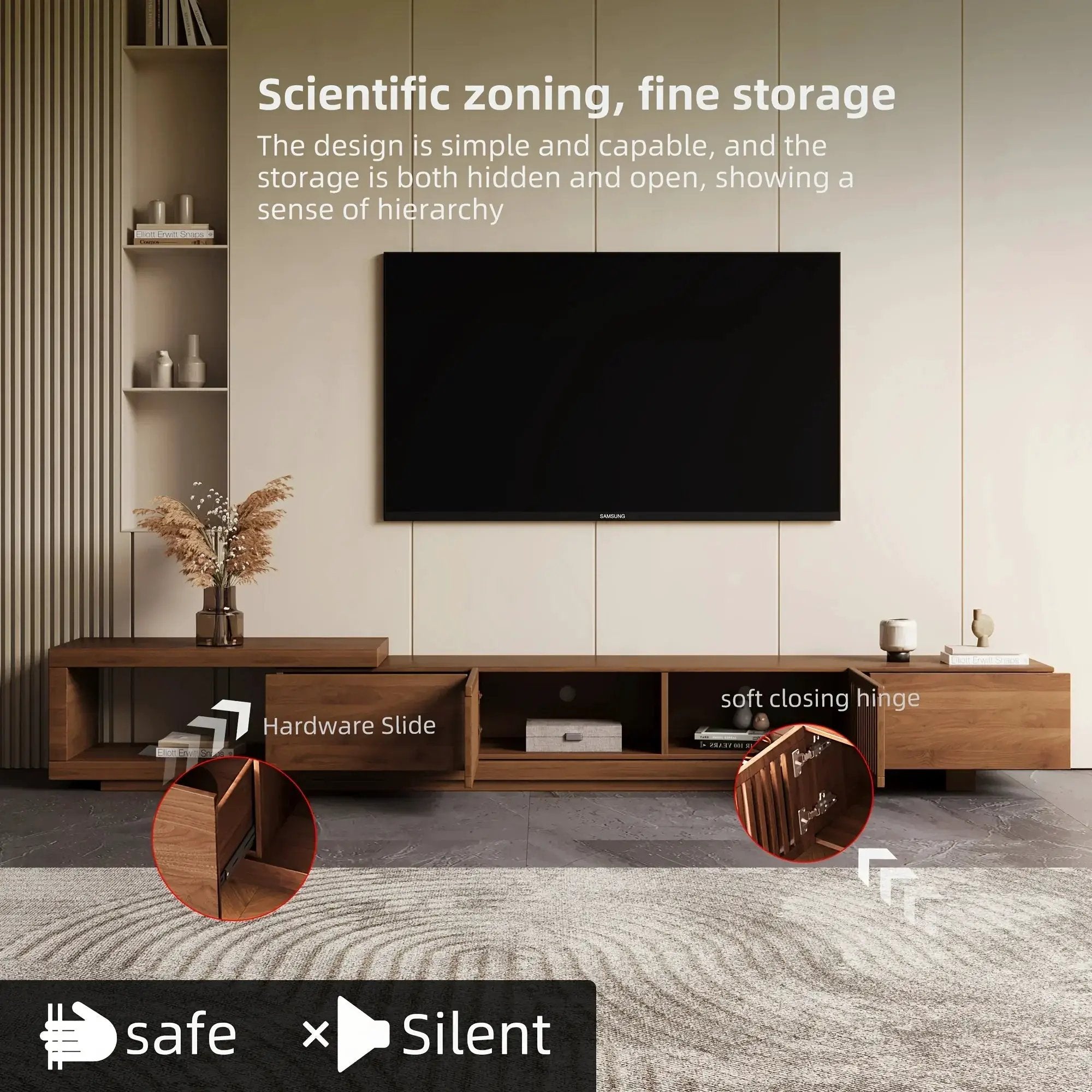 Retractable Grid TV Cabinet Walnut 198.12-261.62 cm Extension Modern Living Room Furniture with 2 Drawers 2 Storage, Home Entertainment Unit, Media Console, Stylish Cabinet, Sleek Furniture, Durable Hardwood, Sturdy Build, Sp by House Of Avana