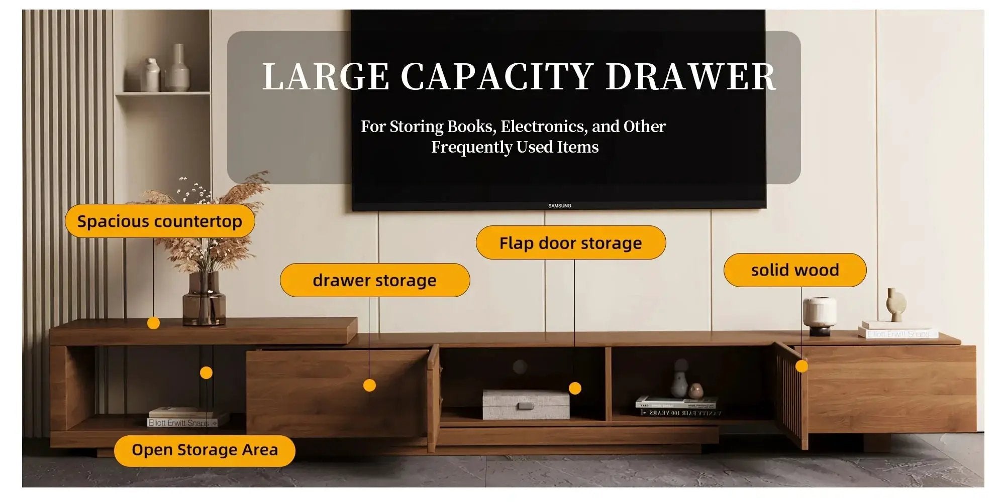 Retractable Grid TV Cabinet Walnut 198.12-261.62 cm Extension Modern Living Room Furniture with 2 Drawers 2 Storage, Home Entertainment Unit, Media Console, Stylish Cabinet, Sleek Furniture, Durable Hardwood, Sturdy Build, Sp by House Of Avana