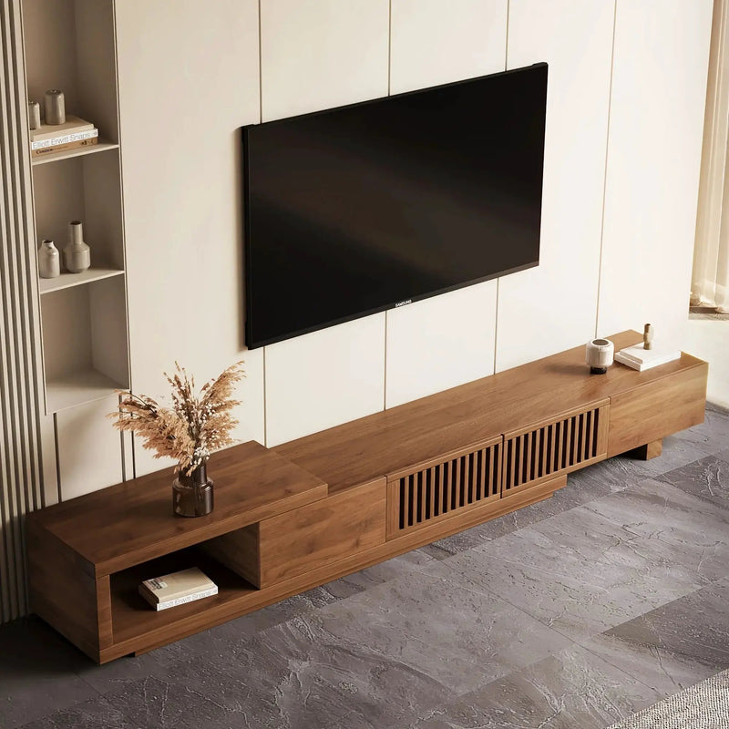 Retractable Grid TV Cabinet Walnut 198.12-261.62 cm Extension Modern Living Room Furniture with 2 Drawers 2 Storage, Home Entertainment Unit, Media Console, Stylish Cabinet, Sleek Furniture, Durable Hardwood, Sturdy Build, Sp by House Of Avana