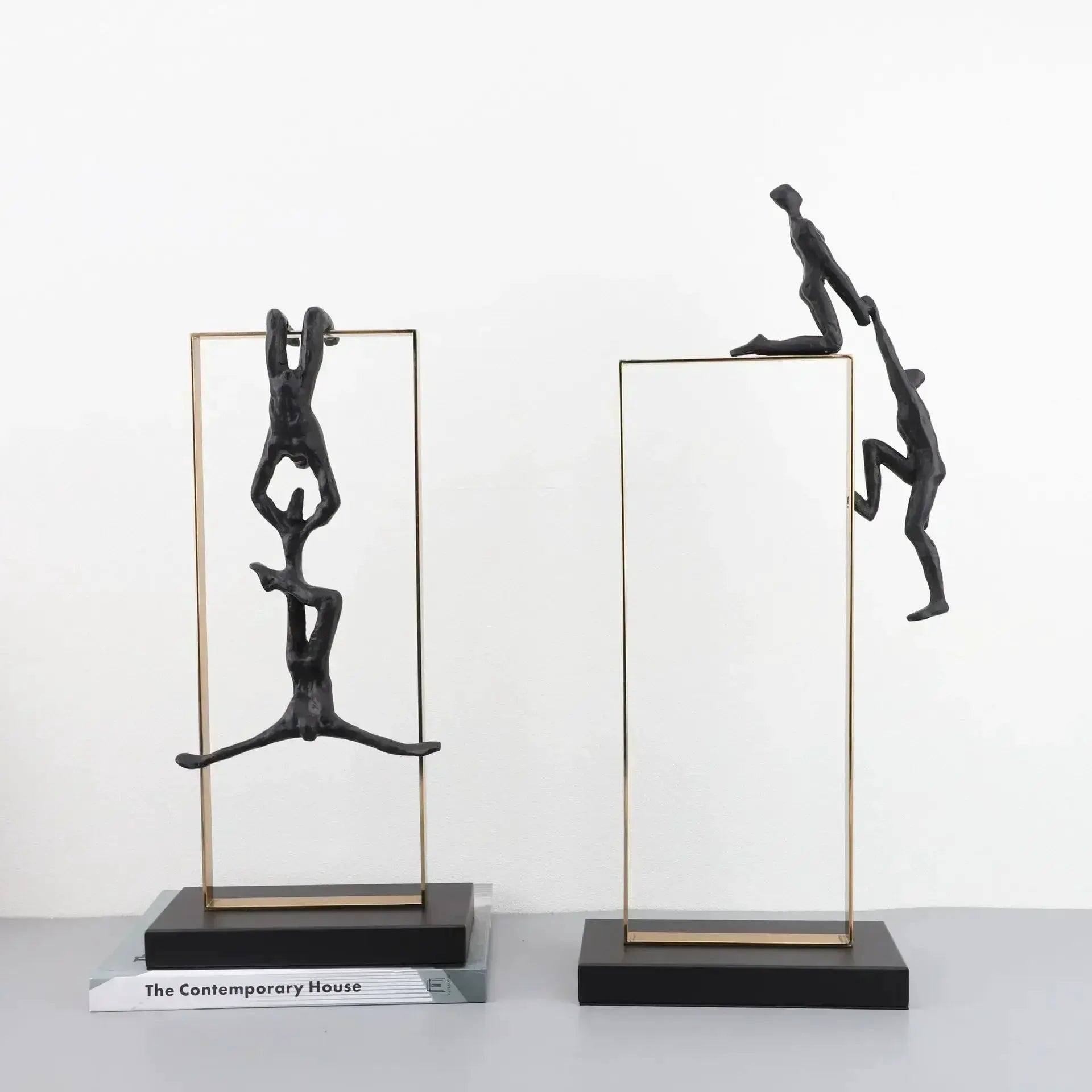 Abstract Climbing Figure Sculpture Set Gold Metal Frame for Your Home by House Of Avana