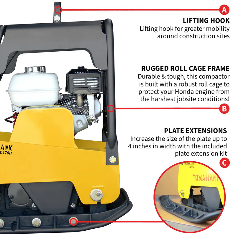 6.5 HP Honda Reverse Hydraulic Plate Compactor for Asphalt, Aggregate, Cohesive Soil Compaction by Tomahawk Power