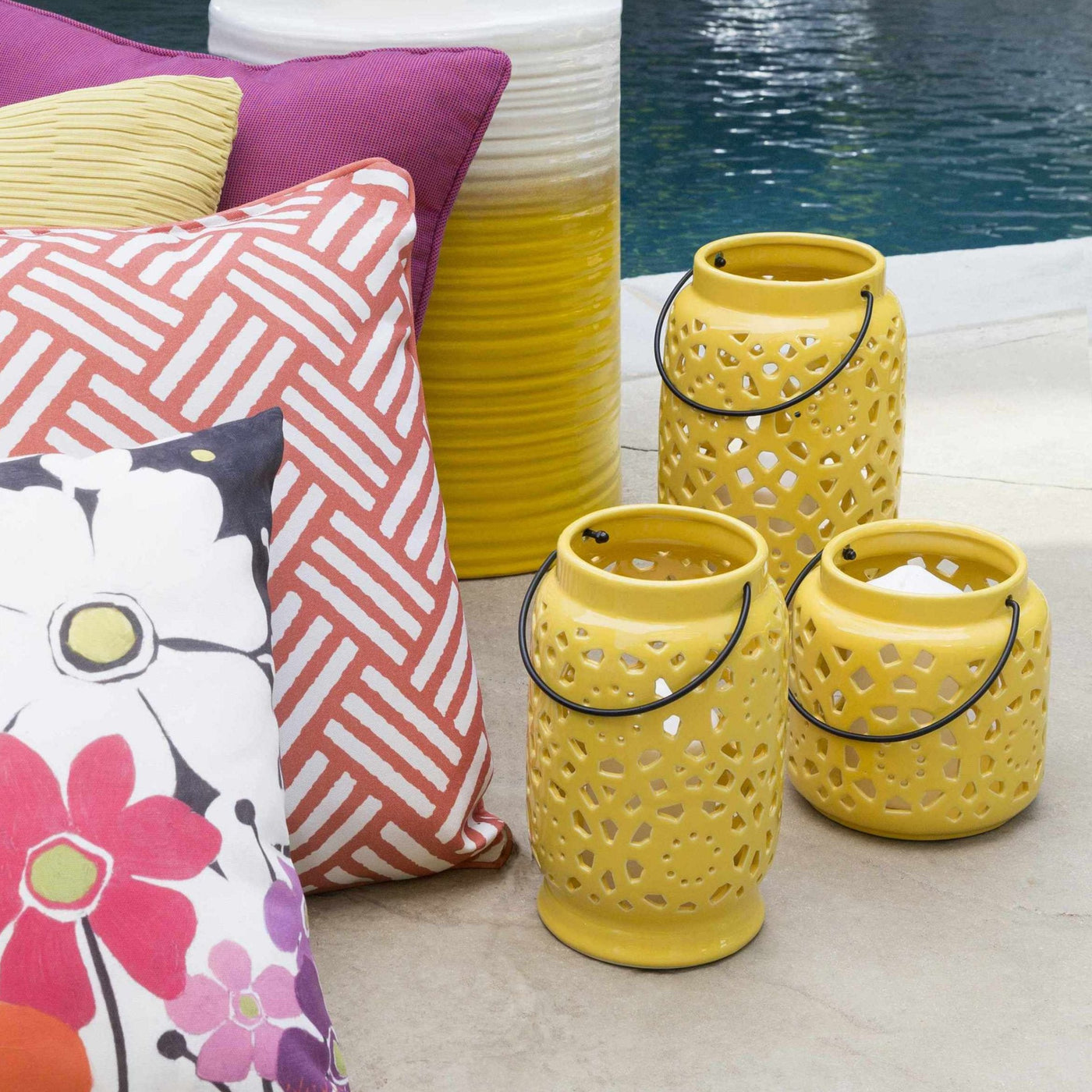 Jeiseyville Yellow Geometric Outdoor Ceramic Lantern by Boutique Rugs