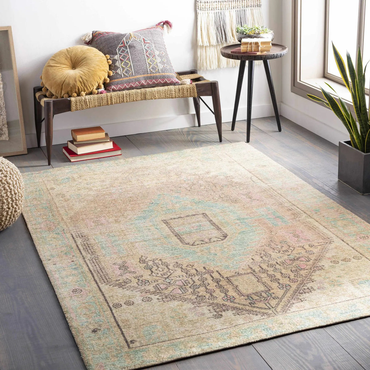 Rickinghall Peach&Sage Medallion Beige Rug - Clearance, installed in a room