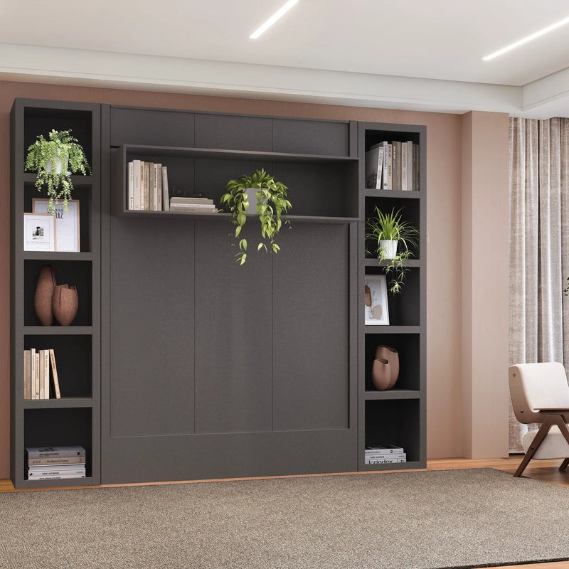 Easy-Lift Full Murphy Wall Bed in Dark Grey with Two Bookshelves by Sharicks