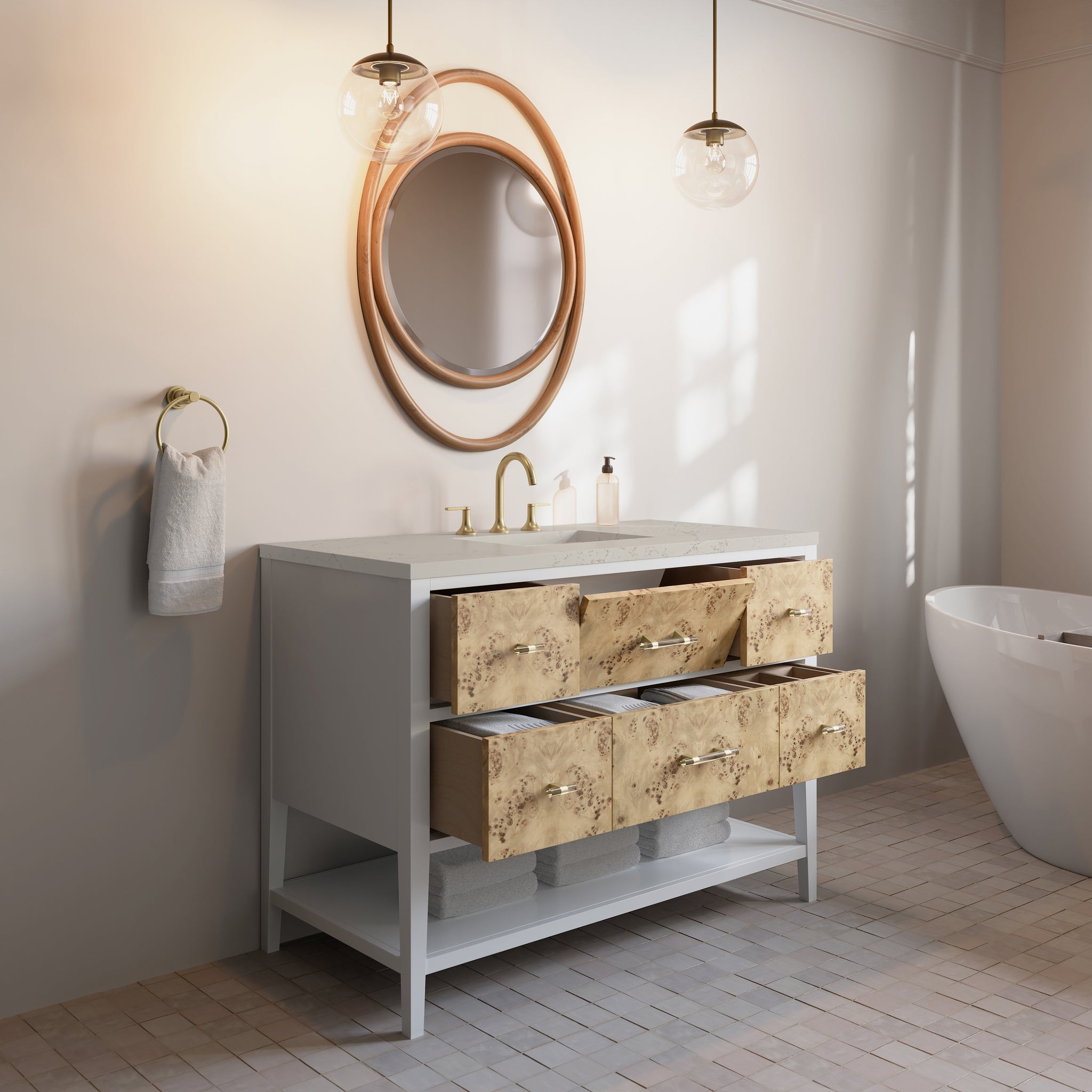James Martin Olena 48" Single Bathroom Vanity, Polished White and Light Mappa Burl, view 30