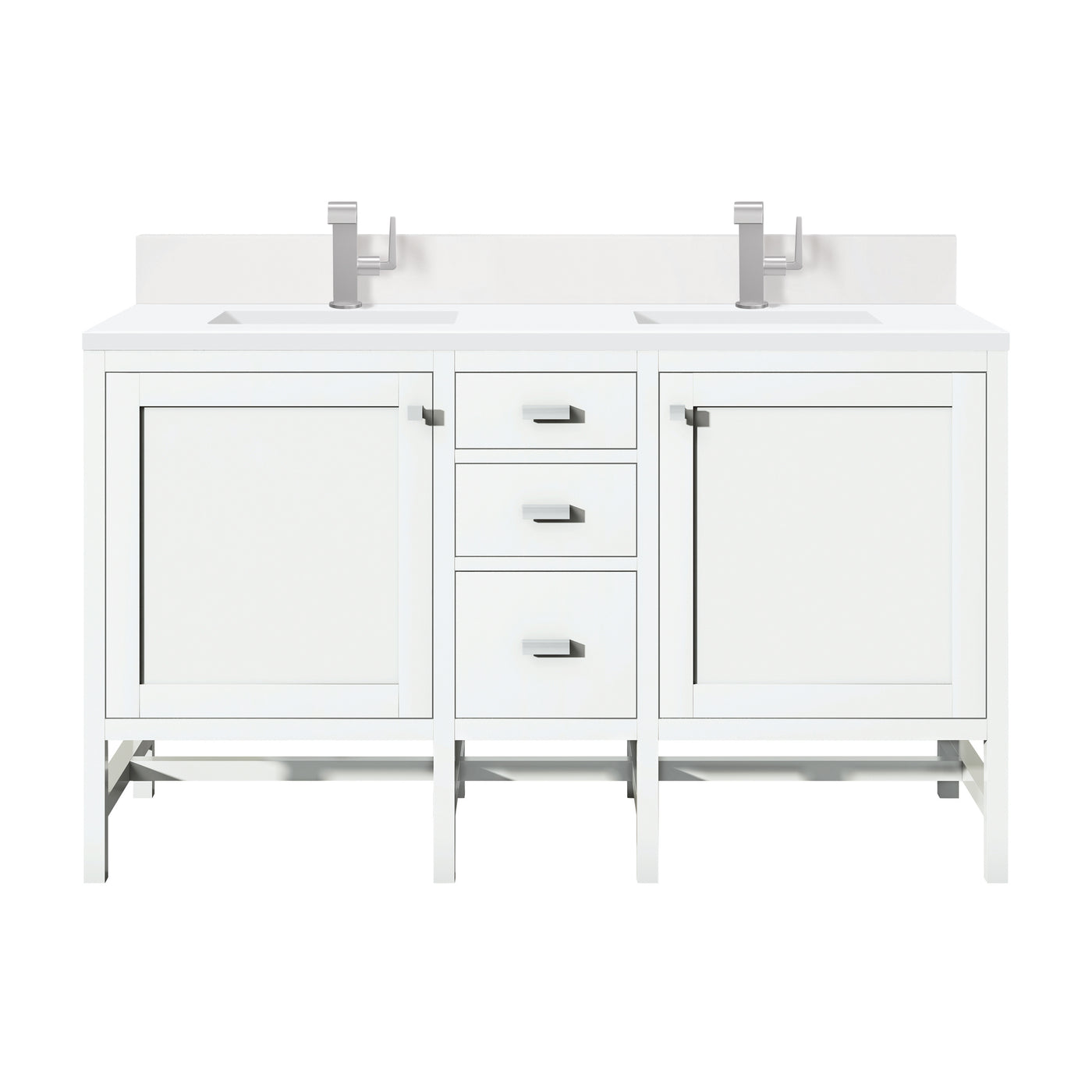James Martin Addison 60" Double Bathroom Vanity, Glossy White with White Zeus (Single Hole, with Backsplash) countertop