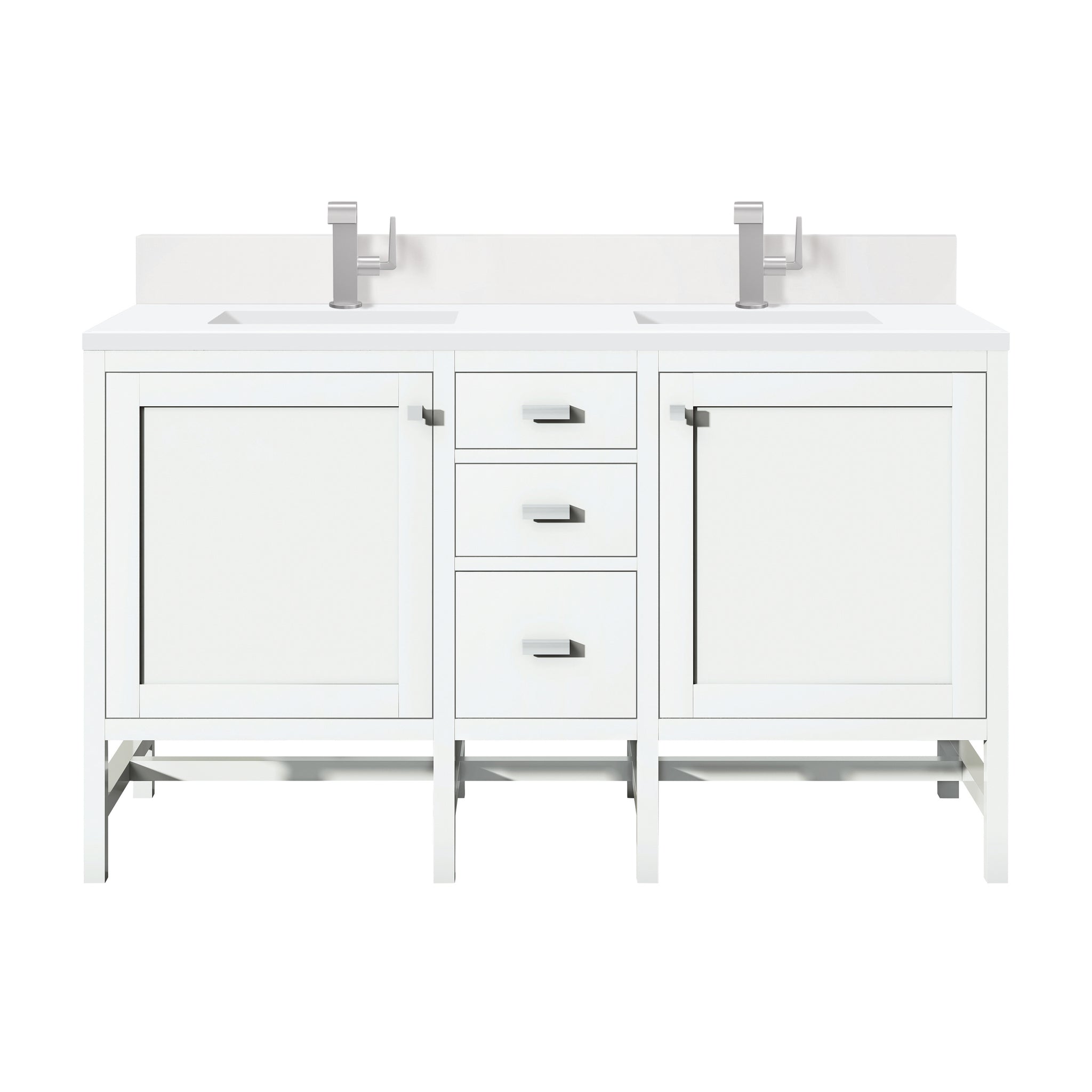 James Martin Addison 60" Double Bathroom Vanity, Glossy White with White Zeus (Single Hole, with Backsplash) countertop