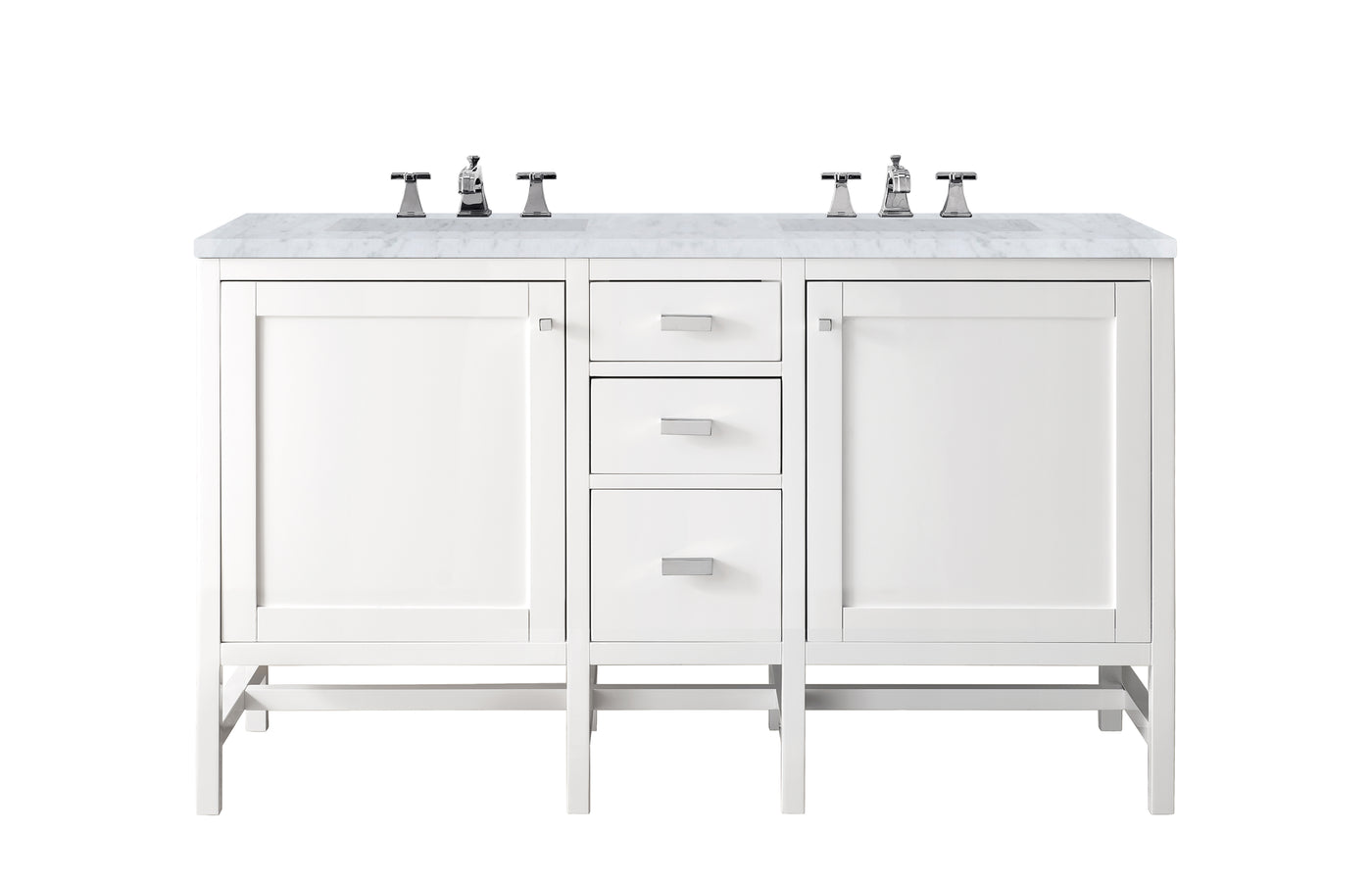 James Martin Addison 60" Double Bathroom Vanity, Glossy White with Carrara White countertop